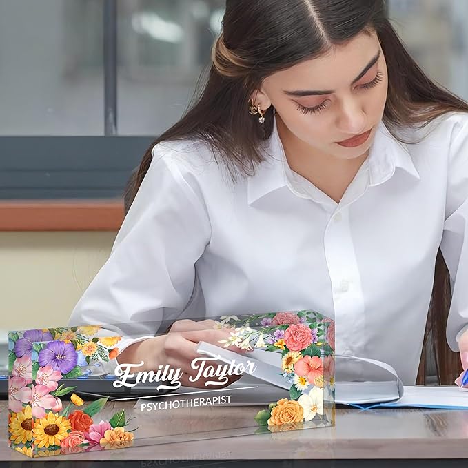 Personalized Name Plate for Desk, Custom Acrylic Desk Name Sign, Office Appreciation Gifts for Women Men Coworkers Boss Teacher Employee (Flower)