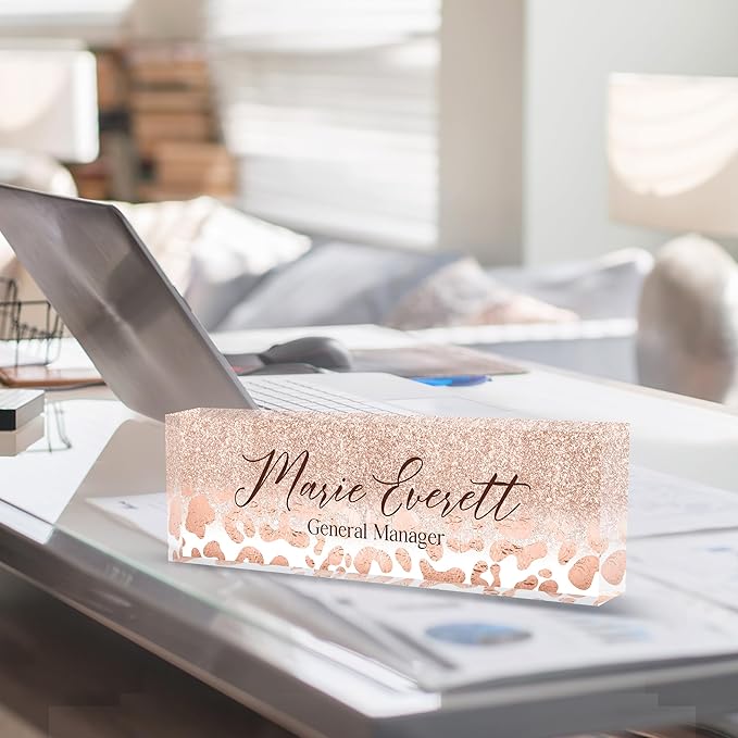 Custom Name Plate for Desk | Personalized Desk Name Plate | Personalized Boss Employee Appreciation Gifts | Acrylic Name Plate Office Desk Accessories (A-Rose Gold Leopard Print)