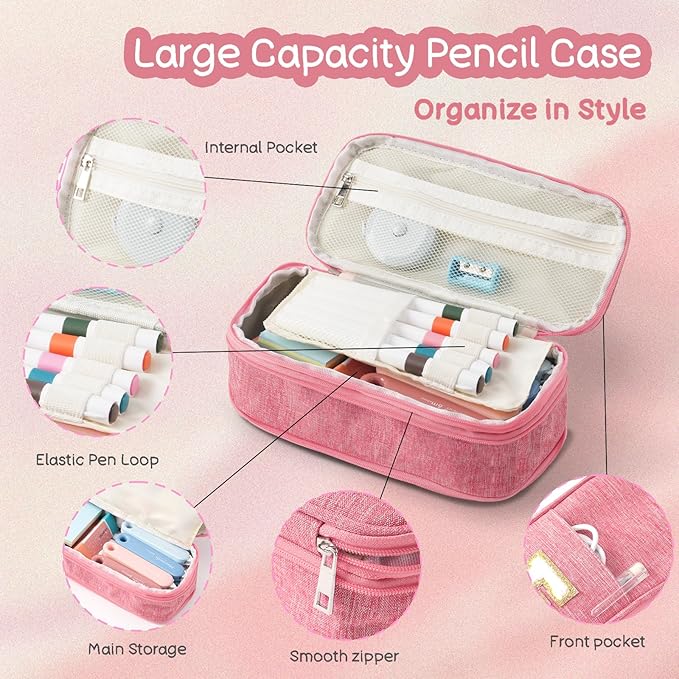 Large Capacity Pink Pencil Case, Cute Pencil Case Pencil Pouch with Zipper For Girls Women, Expandable Preppy Pencil Bag Large Storage High Capacity Bag Organizer for School Home Office Supplies, J