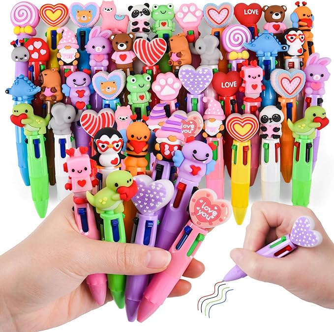LiYiQ 50 Pcs Valentine's Day Animal Colorful Multicolor Pen in One Cartoon Cute Fun Cute Pens Bulk Kawaii Heart Capybara Frog Panda Shape Lovely Ballpoint Pens for Fun Gifts