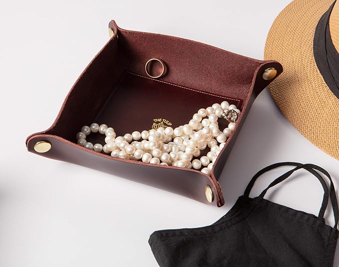 USA Handmade Premium Leather Valet Tray, Folds Flat! Dice Rolling Basket and Organizer with Brass Rivets (Burgundy, Medium)