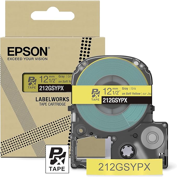 Epson LABELWORKS 212GSYPX Genuine PET (Polyester) Tape Cartridge - Gray on Soft Yellow Designer Craft Label Maker Tape - 1/2" (12MM) Wide, 26'