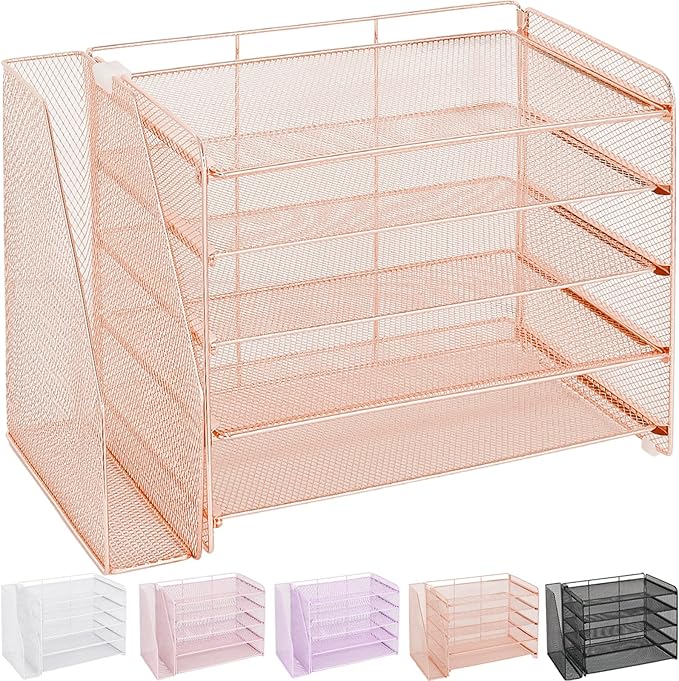 OPNICE 5-Tier Paper Organizer with Magazine Holder, Desk Organizers and Accessories, Office Desk Accessories & Workspace Organizers, Desktop File Organizer for Office Supplies Storage, Rose Gold