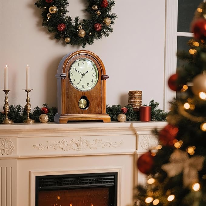 AYRELY® Grandfather Mantel Clock with Hour/Quarter-Hour Chime,Elegant Wooden Frame,Gold-Tone Pendulum Table Clocks Battery Operated,Desk Shelf Vintage Clock for Living Room,Home Decor Gift