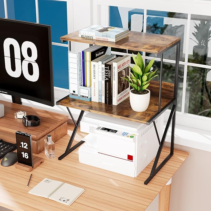 aboxoo Printer Stand for Desk, Desktop Printer Shelf Large 3-Tier Multi-Purpose Office Organization Shelves for Home Office, Rustic Brown