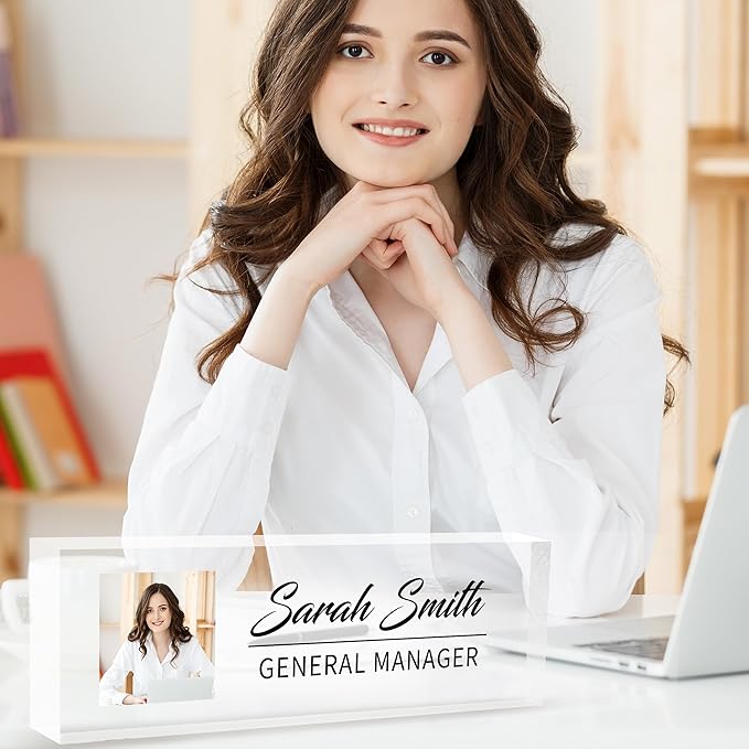 Personalized Office Name Plate, Custom Logo/Photo, Name Plate for Desks, Office Desk Decorations Gift for Women Men, Acrylic Desk Name Plate for Teacher Coworkers Staff Boss (Transparent Logo)