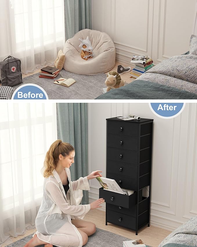 Crestlive Products Tall Dresser, 8-Drawer Fabirc Storage Tower, Chests of Drawers - Vertical Organizer Unit for Bedroom, Hallway, Entryway, Nursery, Closets - Steel Frame, Wood Top & Handles (Black)