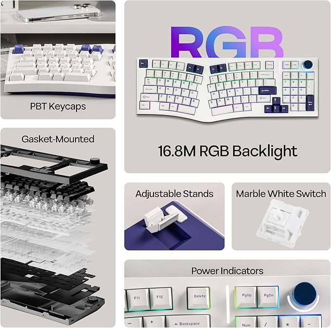 MechLands Feker Alice98 Ergonomic 98 Keys Custom Mechanical Keyboard, VIA Programmable, USB-C Wired Gaming Keyboard, Hot Swappable, 5 Layer Paddings, Control Knob, NKRO, RGB for Win/Mac (White)