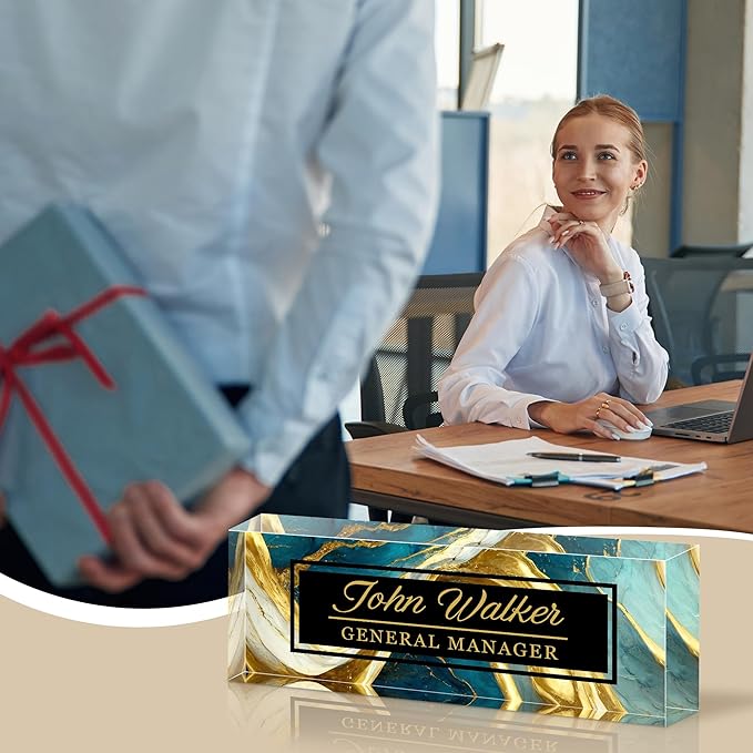 Personalized Name Plate for Desk, Custom Acrylic Desk Name Sign, Office Appreciation Gifts for Women Men Coworkers Boss Teacher Employee (Green Gilding)