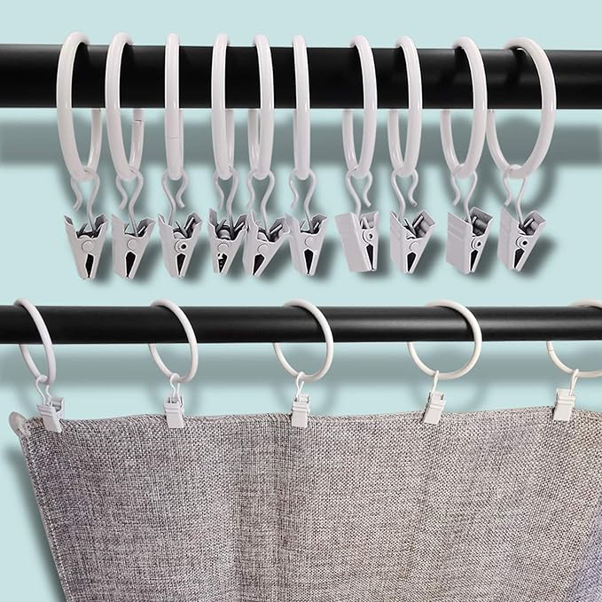 AMZSEVEN 100 Pack Metal Curtain Rings with Clips, Drapery Clips Hooks, Decorative Curtain Rod Clips 1.5 in Interior Diameter, Rustproof White