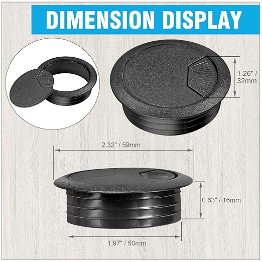 2" Spring Desk Grommet, JTemgle Plastic Cable Hole Cover Computer Table Cord Wire Organizer Caps Desktop Cord Management for Home Office TV Stands Tabletops - Black, 2 Pcs