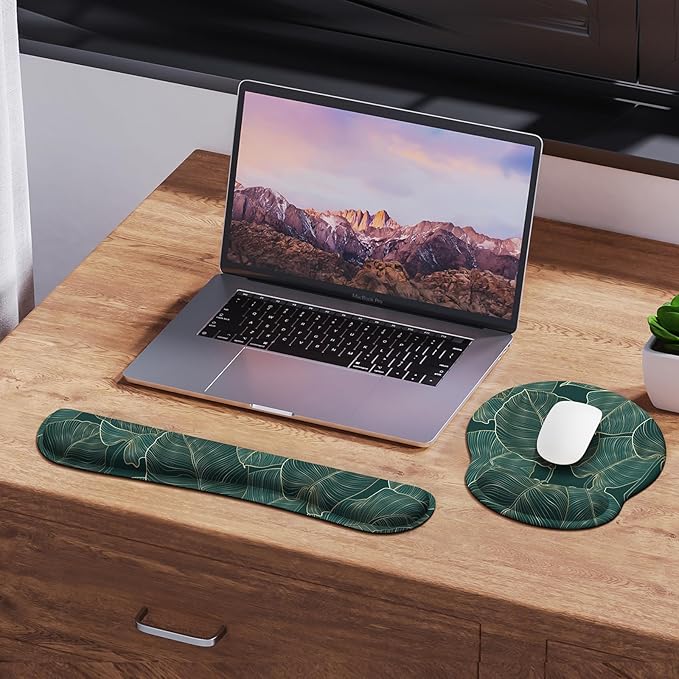 iLeadon Ergonomic Mouse Pad with Wrist Support, Easy Typing & Pain Relief, Keyboard Wrist Rest and Mouse Pad Set with Non-Slip Base for Computer Home, Green Leaves