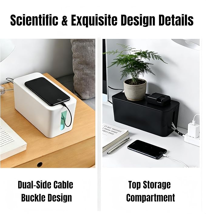 1Large+1Small Cable Organizer Set-2-Piece Home Office Desk Wire Management Storage Box,Cable Storage Box(Bamboo lid/White)
