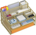 Docnest 3 Tier Mesh Desk Organizer for Paper Office Supplies – Multi-Functional Letter Tray with 5 Adjustable Compartments, 3 Pen Holders, Desktop Storage for Files, Mail, Stationery – Gold Yellow