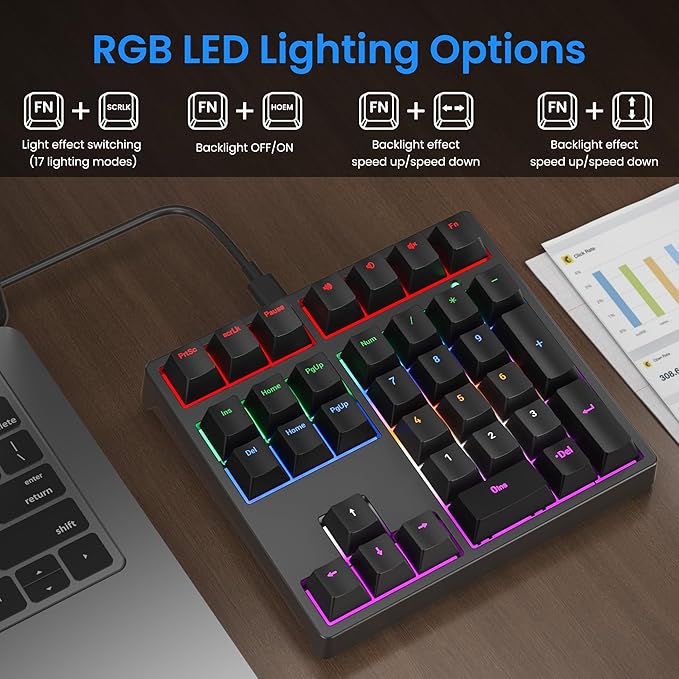 Gurjot Number Pad, Mechanical USB Wired Numeric Keypad with RGB LED Backlit,34 Keys Numpad Keyboard with PBT Keycaps Blue Switches for Windows/Mac Laptop,Computer,Desktop,PC,Notebook (Black)