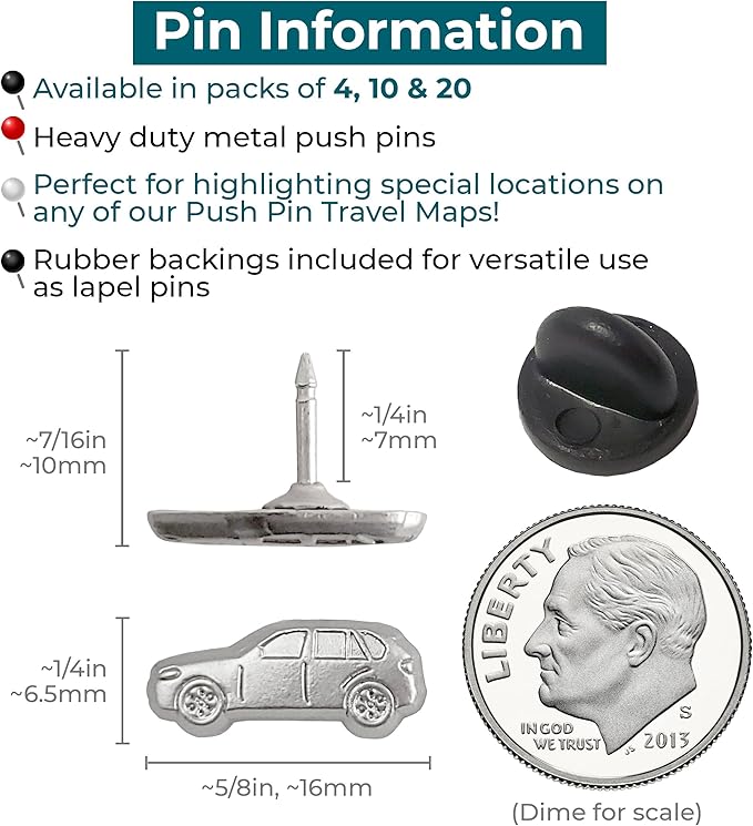 Car Push Pins - Silver Car Pins - for Cork Board, Maps, or Lapel Pin Use - Designed in USA - Set of 4