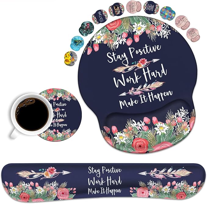 Keyboard Wrist Rest and Mouse Pad Wrist Support Set with Coasters, Inspirational Quote Stay Positive Work Hard and Make It Happen Wrist Mouse Pad with Non-Slip PU Base for Computer Laptop Home Office