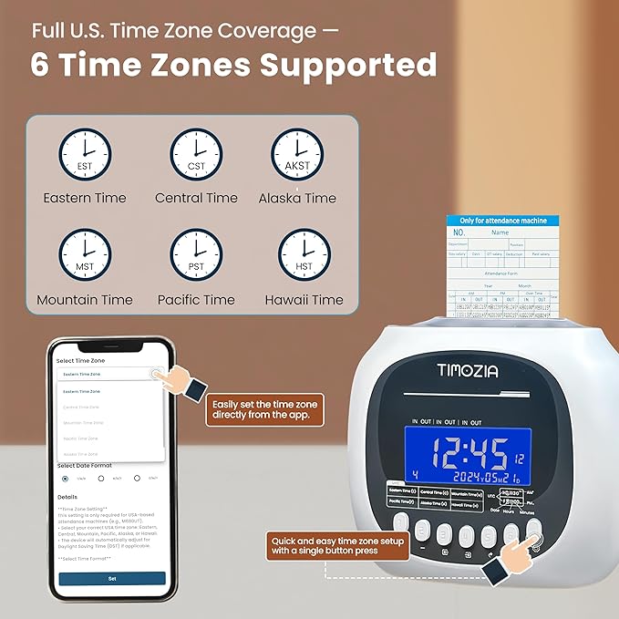 Time Clock for Employees Small Business, 6 U.S. Time Zones, Automatic Daylight Saving & Auto Time Update, Punch Card Time Recorder with 6 Punches Per Day-100 Time Cards, 2 Ribbons, 1 Card Rack