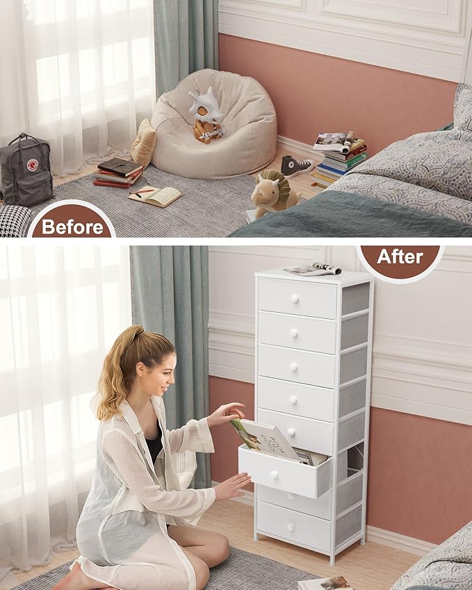 Crestlive Products Tall Dresser, 8-Drawer Fabirc Storage Tower, Chests of Drawers - Vertical Organizer Unit for Bedroom, Hallway, Entryway, Nursery, Closets - Steel Frame, Wood Top & Handles (White)