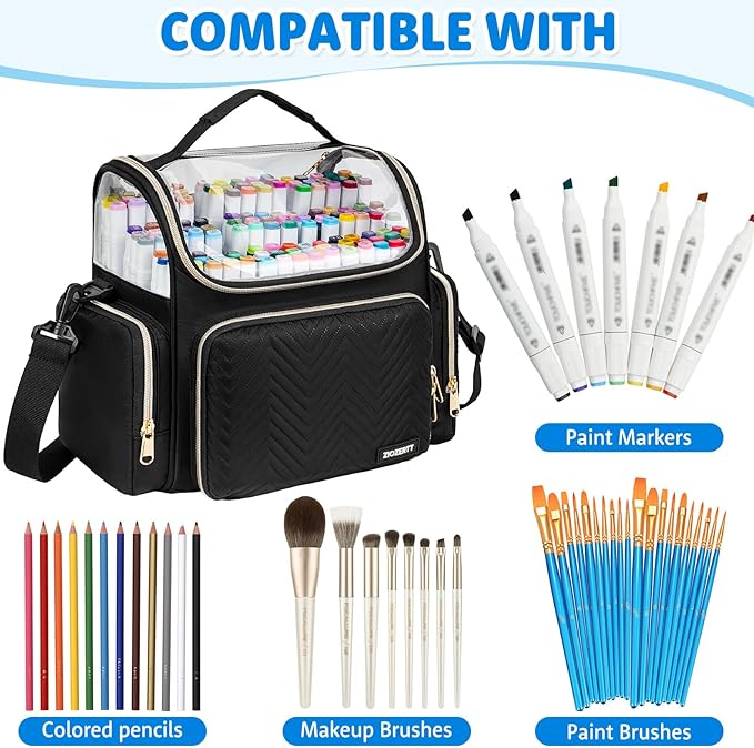 Large Marker Organizer Case for 200-300 Markers,Travel Marker Storage Bag with Dividers and 4 Pockets,Marker Organizer Holder for Paint Brushes,Colored Pencils and Other Art Supplies,Bag Only,Black