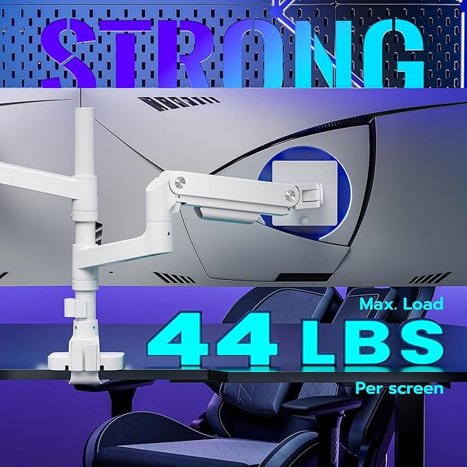 ARES WING Dual Monitor Arm Desk Mount for 17-49 Inch Ultrawide Monitors, Heavy Duty Dual Monitor Mount Holds 44 lbs, Full Motion Gas Spring Vertical Stacked Monitor Mount, 75/100 VESA Mount, White