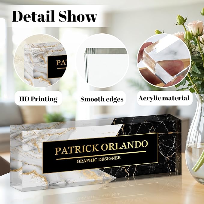 Personalized Name Plate for Desk, Custom Acrylic Desk Name Sign, Office Appreciation Gifts for Women Men Coworkers Boss Teacher Employee (B/W Marble)