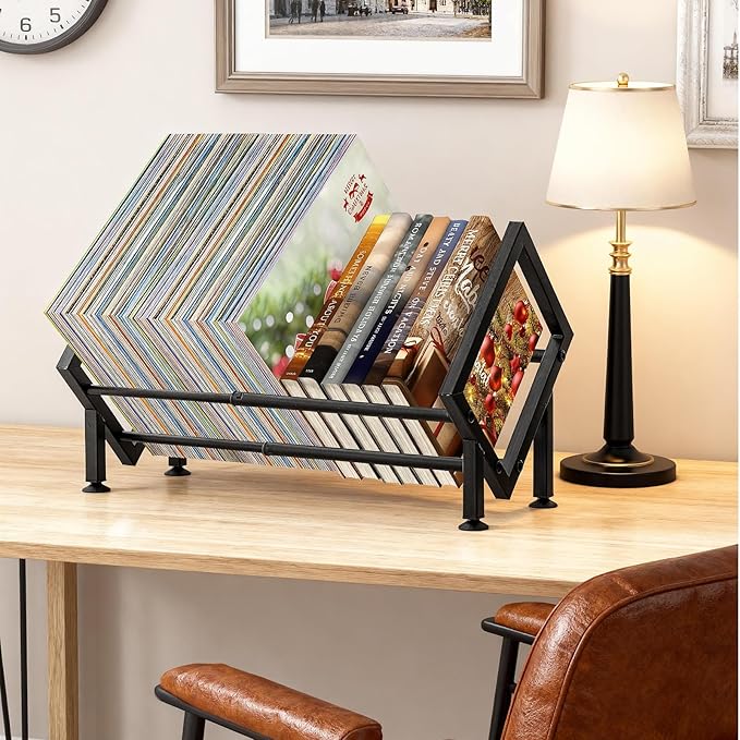Expandable Desktop Bookshelf Organizer, Metal Office Tabletop Book Storage Rack, Large Tilting Bookcase for Books/CDs/Magazine Display, Desk Shelf for Top of Desk in Living Room, Home, Office (Black)