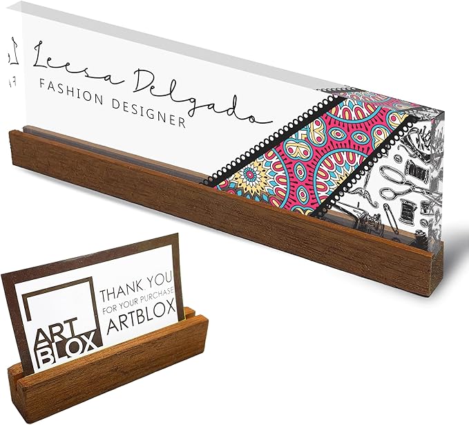 Artblox Personalized Office Desk Name Plate and Business Card Holder | Clear Acrylic Glass with Teak Wood Stand | Fashion Design Customized with Your Name and Credentials Office Desk Décor