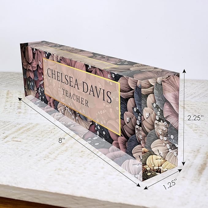 Floral Acrylic Name Block for Desk, Womens Personalized Desk Name Plate, Nameplate for Colleague, Office Desk Sign, Flower Desk Plaque
