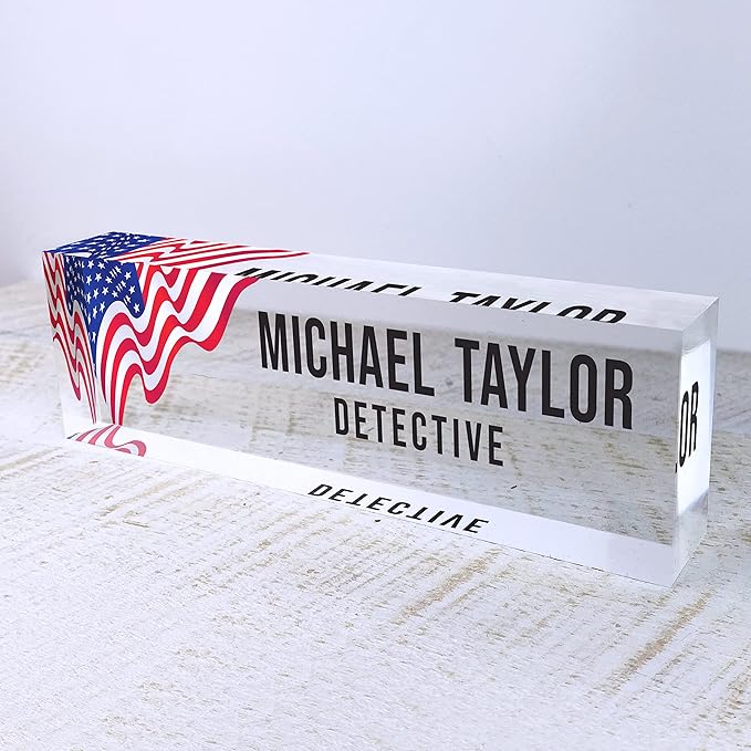 Artblox Office Desk Name Plate Personalized | Custom Name Plates for Desks | Us Flag Design On Clear Acrylic Glass | Office Desk Decor - (8" x 2.5")