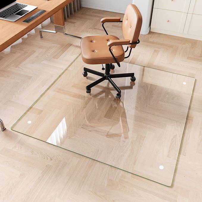 FlyEcho Glass Chair Mat 48" x 48" Heavy Duty Tempered Glass Office Chair Mat, Glass Floor Mat with Round Corner and Polished Edge for Smooth Glide, Carpet Hardwood Floor Protector