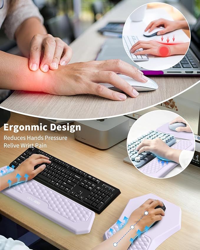 Ergonomic Mouse Pad and Keyboard Wrist Rest Support Set, Massage Design Mousepad for Carpal Tunnel Pain Relief, Memory Foam, Non-Slip PU Base for Computer Desk, Purple