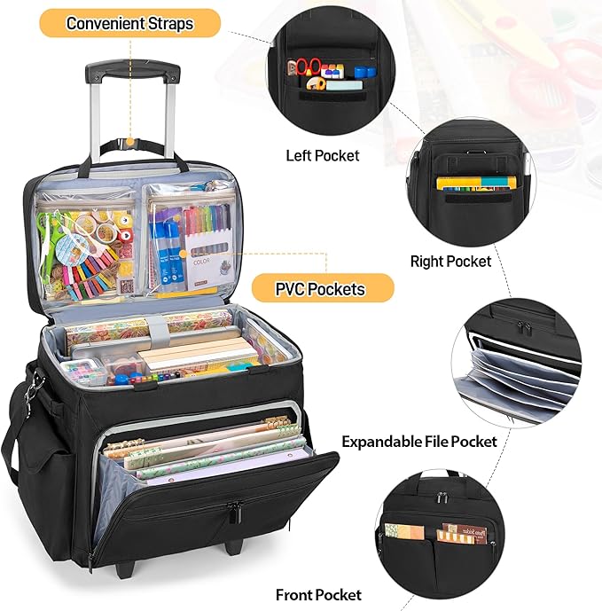 Trunab Rolling Scrapbook Tote with Expandable File Pocket, Large Craft Organizer and Storage Bag with Detachable Trolley for Scrapbooking Supplies and Art Tools (Patented Design)