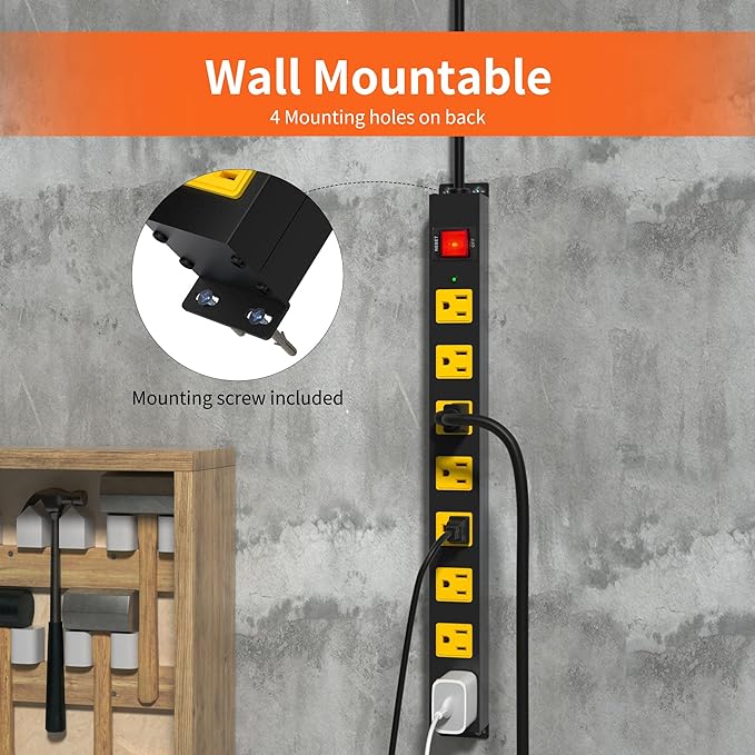 8 Outlet Metal Heavy Duty Long Power Strip, 2100J Surge Protector with 15 FT Extension Cord, Wide Spaced and Wall Mount Powerstrip for Home, Industrial, Workshop & Garage (15FT)