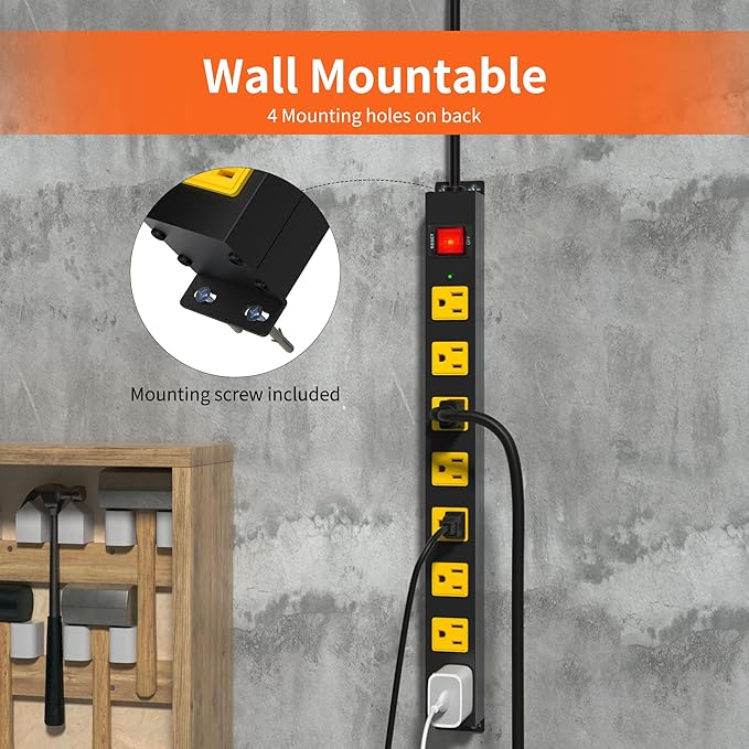 8 Outlet Metal Heavy Duty Long Power Strip, 2100J Surge Protector with 10 FT Extension Cord, Wide Spaced and Wall Mount Powerstrip for Home, Industrial, Workshop & Garage (10FT)