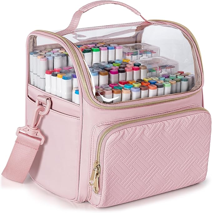 Large Marker Organizer Case for 180 Markers, Marker Storage Bag with Dividers and 4 Pockets for Paint Markers, Paint Brushes, Colored Pencils or Other Art Supplies, Pink (Patented Design)