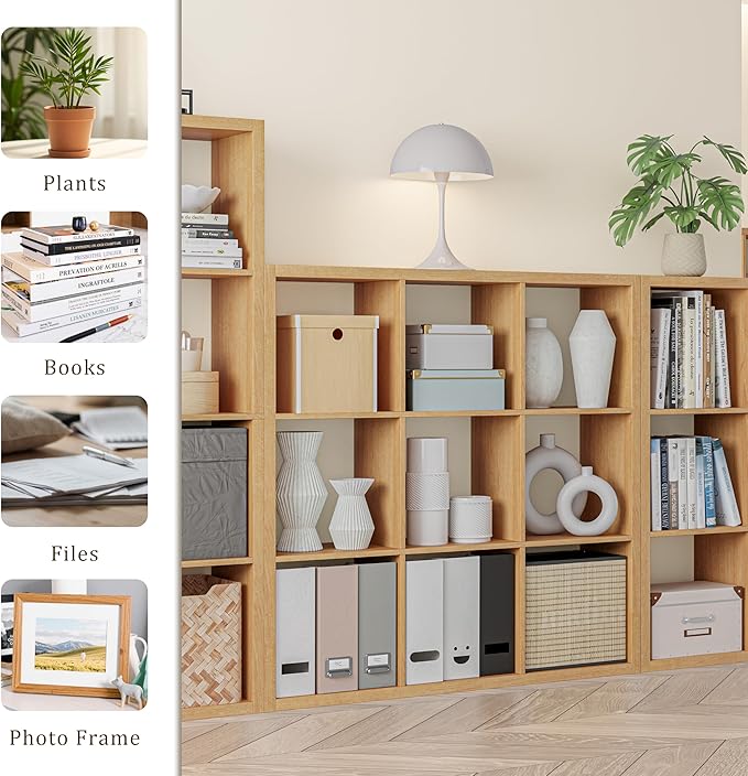 Cube Storage Organizer Bookcase, Decorative 11 inch Open Back Cubical Shelf with Thickened Border, Display Bookshelf for Living Room, Home Office, Sturdy Room (Natural Oak, 9 Cube)
