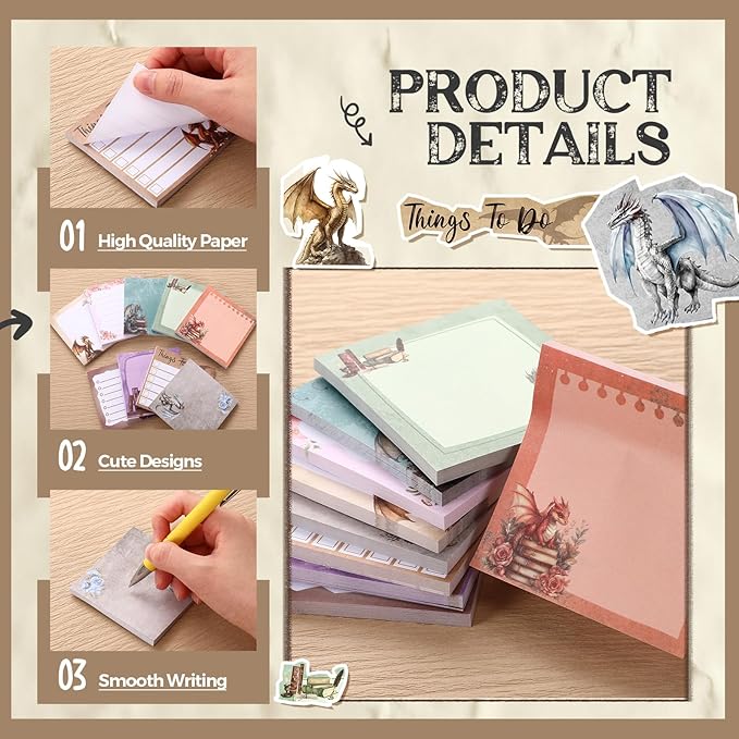 9 Pads Dragon Sticky Notes 3x3 Inch Cute Self Stick Notepads Notes Adhesive Memo Pad Office Decor Gifts for Students School Teacher Meeting Office Supplies