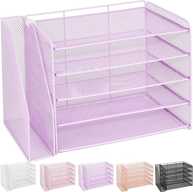 OPNICE 5-Tier Paper Organizer with Magazine Holder, Desk Organizers and Accessories, Office Desk Accessories & Workspace Organizers, Desktop File Organizer for Office Supplies Storage, Purple