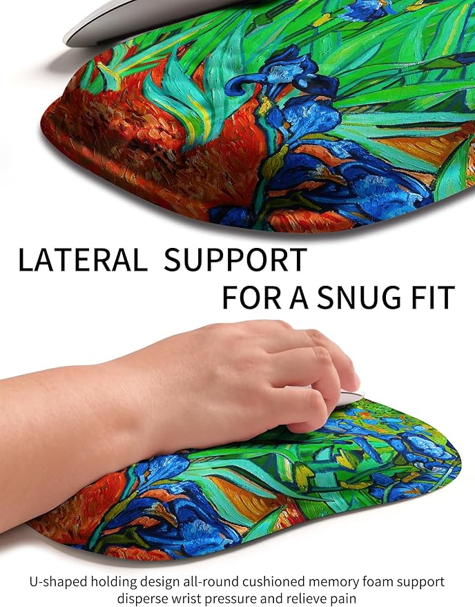 Hokafenle Ergonomic Wrist-Hugging Mouse Pad Wrist Support, U-Shaped Holding Wrist Rest Mousepad for Carpal Tunnel Pain Relief with Cushioned Memory Foam Slope Massage Bulge (10.2x8.3 in,Iris Flower)