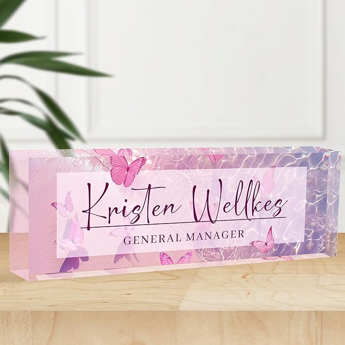 Personalized Office Name Plate, Custom Name Plate for Desks, Office Desk Decorations Gift for Women Men, Acrylic Desk Name Plate for Teacher Coworkers Staff Boss (Butterfly Sea)
