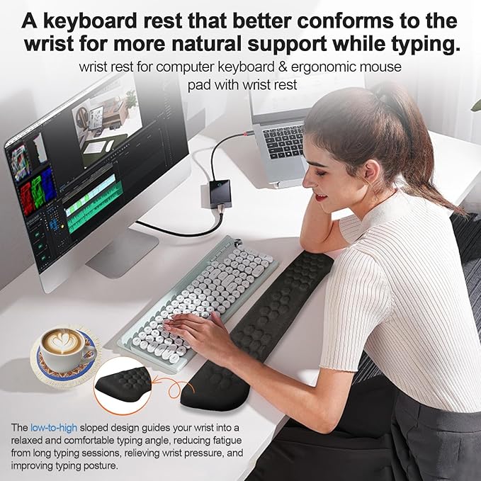 3-in-1 Ergonomic Mouse Pad with Wrist Rest & Keyboard Wrist Rest, Memory Foam Support with Massage Bumps, Anti-Slip Base, Comfort Wrist Support for Relieve Wrist Pain Office, Gaming (Black)