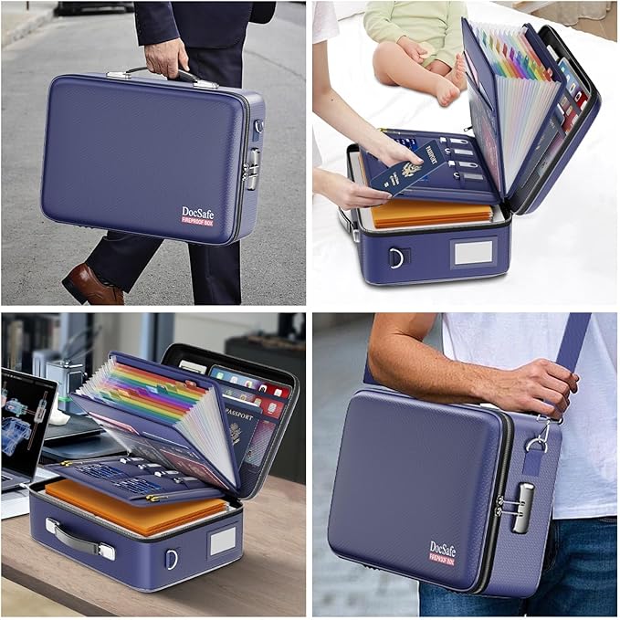 DocSafe Fireproof Document Box with Lock, Hard Case File Organizer with Accordion File Folder, Fireproof Water Resistant Safe Box Home Office Travel Storage for Important Documents Laptop Blue
