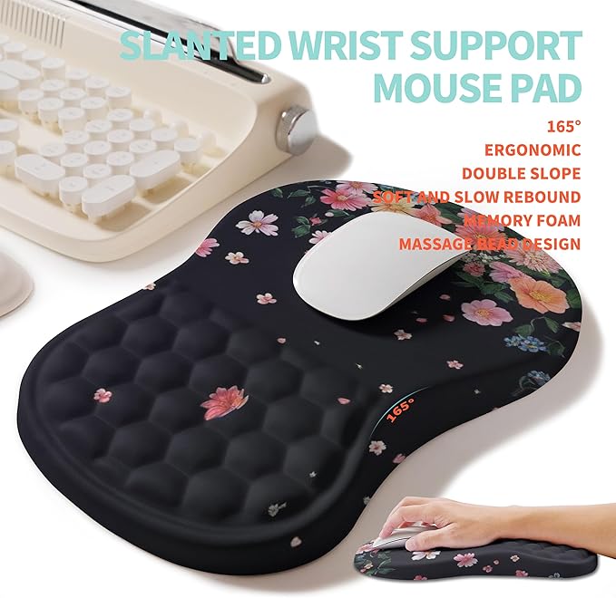 2-in-1 Ergonomic Set, Wave Rise Keyboard Wrist Rest and Massage Bulge Slope Mouse Pad Wrist Support, Cushion Memory Foam Integrated to Relieve Wrist Pain, Flower Dance
