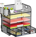 Lavatino 5 Tier Paper Organizer for Desk, Letter Tray with Drawer and 2 Pen Holders, Mesh File Sorter, Desktop Document Shelf Storage Organization Office School Home Black With Drawer