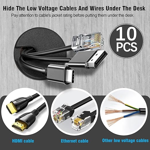 1-1/2" Black Desk Grommet，JTemgle Plastic Cable Hole Cover Computer Table Cord Wire Organizer Caps Desktop Cord Management for Home Office TV Stands Tabletops, 10 Pieces