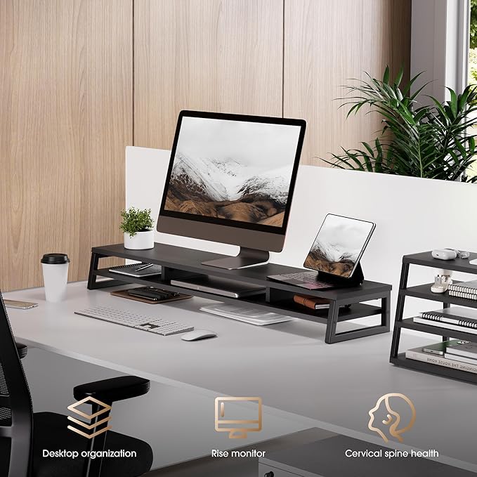 Fenge Dual Monitor Stand for Desk, 42.5in Large Monitor Riser for 2 Monitors, 2 Tier Computer Office Desk Top Shelf, Desktop Storage Stand for Laptop, PC, Computer, Printer