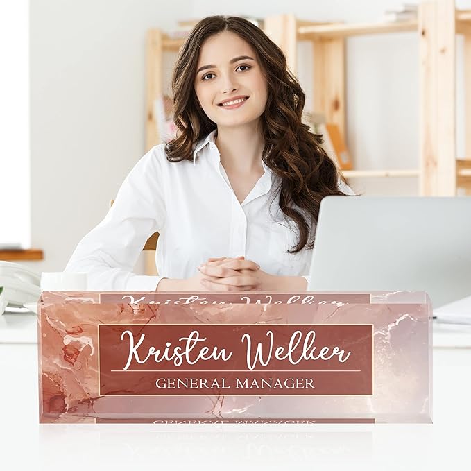 Personalized Name Plates for Desk, Premium Clear Acrylic Desk Name Plate, Custom Name Plate Office Decor for Women, Employee Appreciation Gifts (Pink Marble)