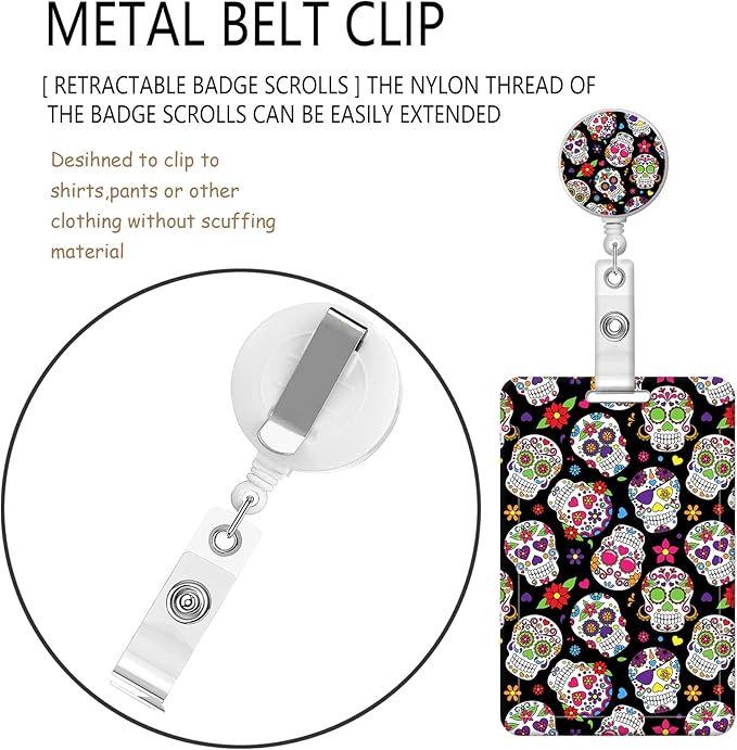 BLOCIT ID Badge Holder with Lanyard - Fashionable ID Card Holders with Retractable Lanyards - Soft Fiber Metal Clip Sturdy Buckle for Key Wallet - Work Nurse Teacher (Skull Skeleton Floral)