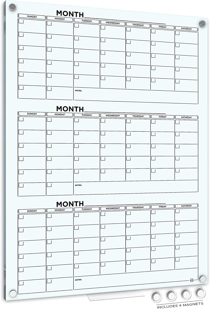 Glass Whiteboard Calendar 34x46” Quarterly Planner White Board Dry Erase Board 3 Month for Wall Glass Whiteboard Home Office Large Wall Calendar & Marker Tray